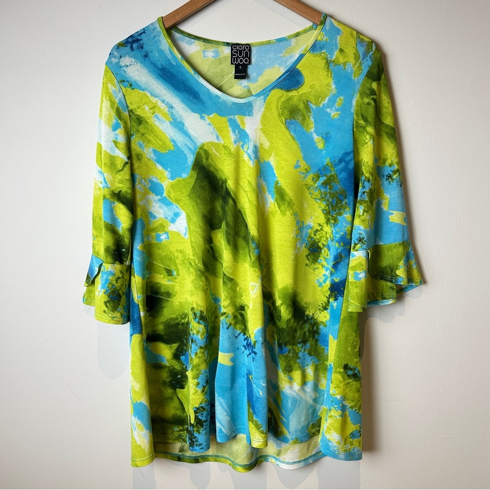 CLARA SUNWOO Lime Green & Aqua V-Neck Ruffle Sleeve Tunic